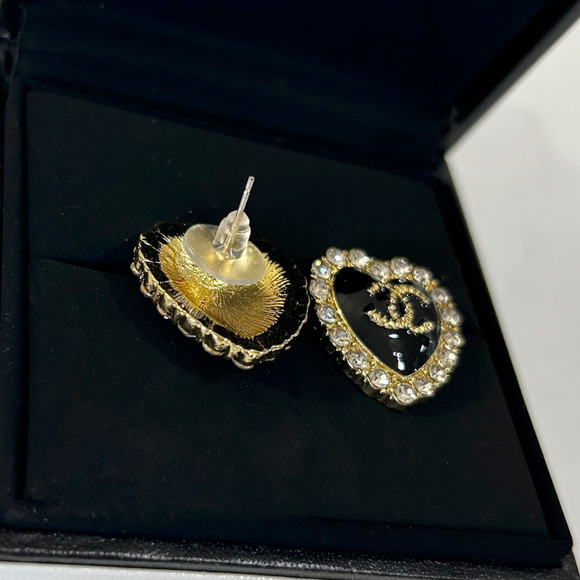 18K Gold Plated Luxury Crystal Trim Heart .925 Designer CC Logo Black Crystals - Picture 3 of 5